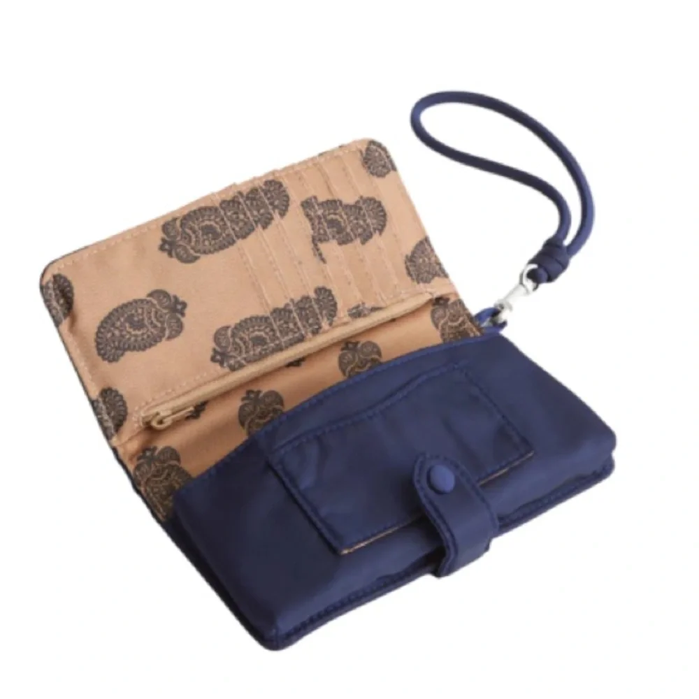 NWT Vera Bradley Phone Wristlet Multipocket Wallet Removable Strap Navy Blue Tan